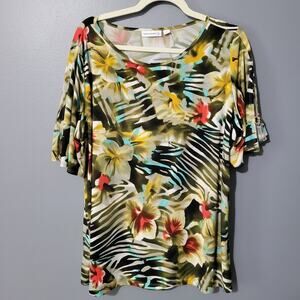 Susan Graver Stretchy Top Size 1X Floral Cold Shoulder Short Sleeve Womens